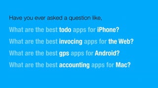 Have you ever asked a question like,

What are the best todo apps for iPhone?
What are the best invocing apps for the Web?
What are the best gps apps for Android?
What are the best accounting apps for Mac?
 