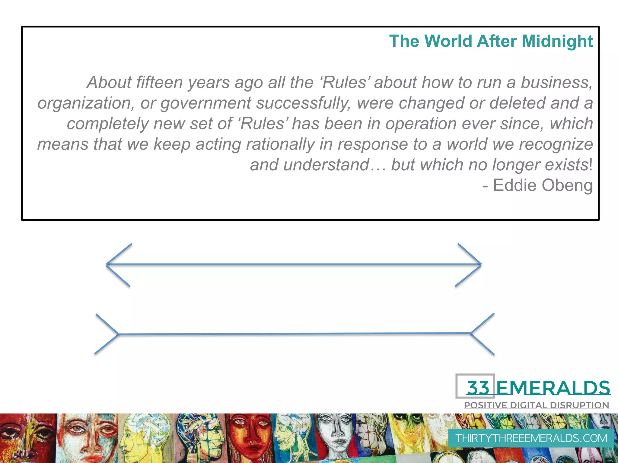 THIRTYTHREEEMERALDS.COM
The World After Midnight
About fifteen years ago all the ‘Rules’ about how to run a business,
organization, or government successfully, were changed or deleted and a
completely new set of ‘Rules’ has been in operation ever since, which
means that we keep acting rationally in response to a world we recognize
and understand… but which no longer exists!
- Eddie Obeng
 