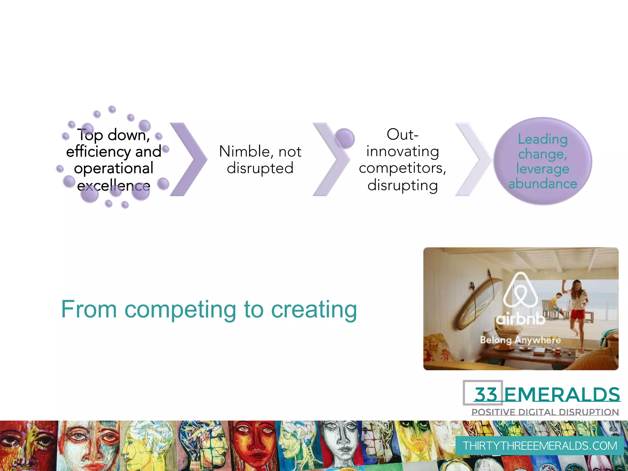 THIRTYTHREEEMERALDS.COM
Top down,
efficiency and
operational
excellence
Nimble, not
disrupted
Out-
innovating
competitors,
disrupting
Leading
change,
leverage
abundance
From competing to creating
 