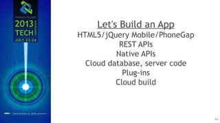 Let's Build an App
HTML5/jQuery Mobile/PhoneGap
REST APIs
Native APIs
Cloud database, server code
Plug-ins
Cloud build
11