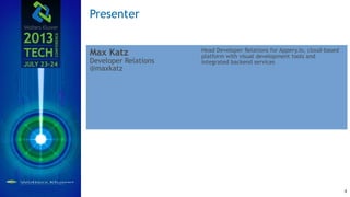 Max Katz
Developer Relations
@maxkatz
Head Developer Relations for Appery.io, cloud-based
platform with visual development tools and
integrated backend services
Presenter
4