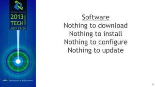 Software
Nothing to download
Nothing to install
Nothing to configure
Nothing to update
8