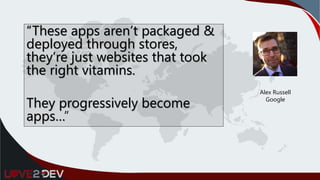 “These apps aren’t packaged &
deployed through stores,
they’re just websites that took
the right vitamins.
They progressively become
apps…”
Alex Russell
Google
 
