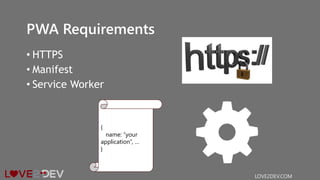 PWA Requirements
• HTTPS
• Manifest
• Service Worker
LOVE2DEV.COM
{
name: “your
application”, …
}
 