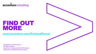 FIND OUT
MORE
www.accenture.com/PostandParcel
Copyright © 2018 Accenture
All rights reserved.
Accenture, its logo and High Performance
Delivered are trademarks of Accenture.
 