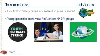 To summarize Individuals
• First time in history people are aware disruption is needed
• Young generation more vocal / influencers → DIY groups
 