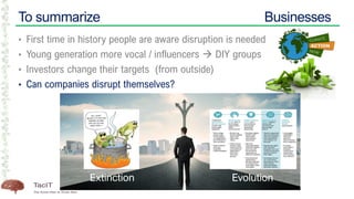 To summarize Businesses
• First time in history people are aware disruption is needed
• Young generation more vocal / influencers → DIY groups
• Investors change their targets (from outside)
• Can companies disrupt themselves?
Extinction Evolution
 