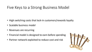 Five Keys to a Strong Business Model
• High switching costs that lock-in customers/rewards loyalty
• Scalable business model
• Revenues are recurring
• Financial model is designed to earn before spending
• Partner network exploited to reduce cost and risk
 