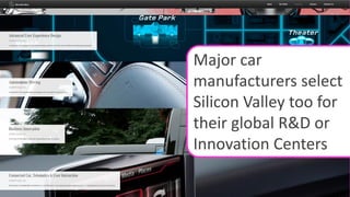 Major car
manufacturers select
Silicon Valley too for
their global R&D or
Innovation Centers
 