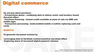 Digital commerce
Its not just about purchase:
- Pre-purchase phase - combining data to deliver event- and location- based
discount offers
- Purchase financing - instant credit available at point of sale via SMS and
mobile apps
- Transaction processing - bank-enabled mobile e-wallets replacing cash and
cards
BENEFITS
To generate increased revenue by
-Leveraging data to facilitate context-sensitive merchant offers
-Capturing share of increased digital payment volumes
Forrester. Building A World-Class Mobile Banking Strategy. March 2013.
McKinsey. The current state and future of mobile banking in Europe. August 2011
 