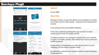 Barclays: Pingit
INSIGHT:
As per BBM
SOLUTION:
Barclays’ Pingit is an app that allows account holders to transfer
up to £300 a day to other people - using just their mobile phone
number.
It has stood out for its incredible simplicity:
First of all, customers download the app and link it to their
current account and UK mobile number.
To make a payment, you choose a recipient from your contacts
(or type in a mobile number), then select how much to send and
confirm payment.
People without Smartphones can still use the service via text
message, but first need to register online.
Non-Barclays customers can register online to receive Barclays
Pingit payments.
 