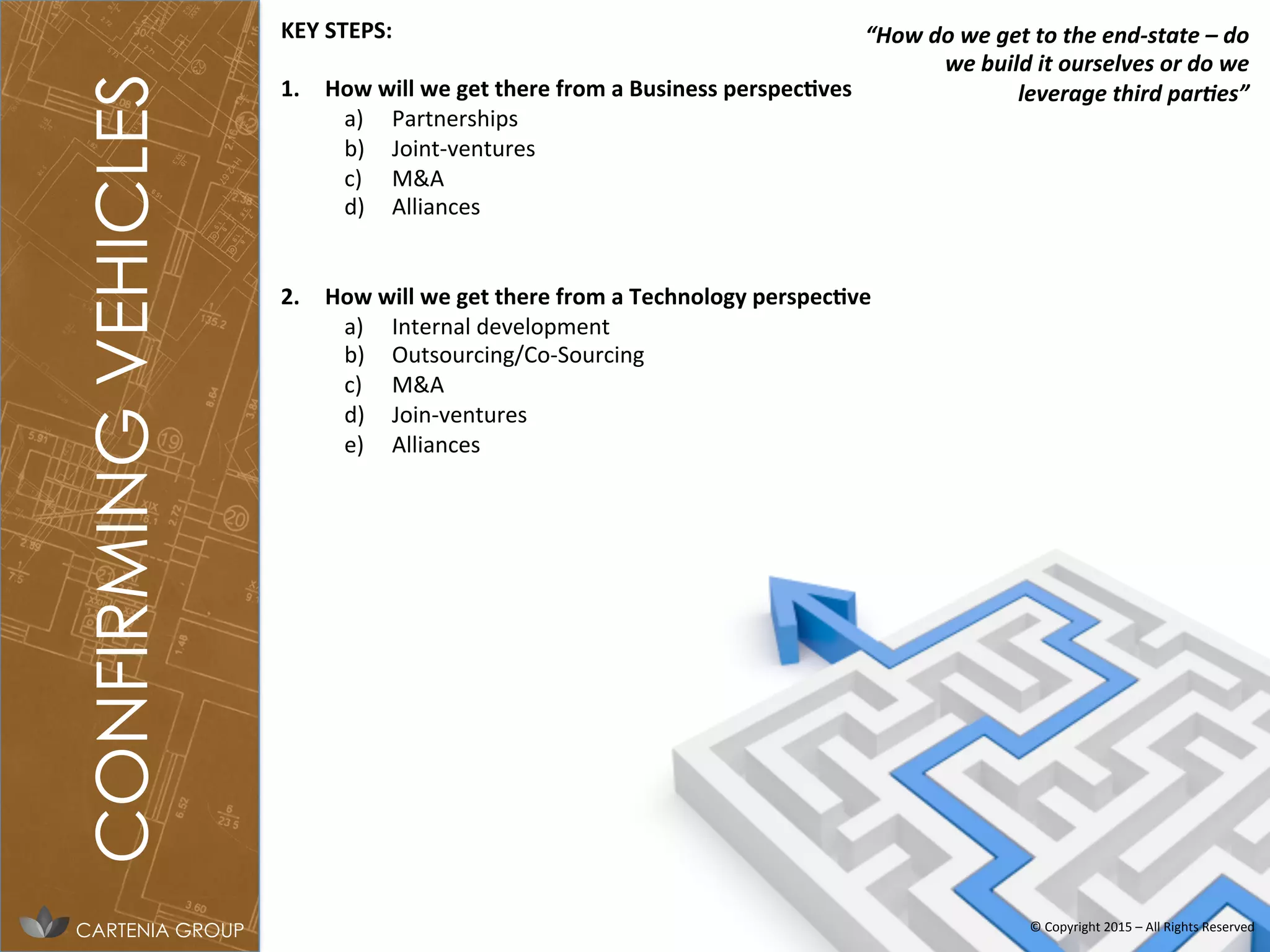 KEY	
  STEPS:	
  
	
  
1.  How	
  will	
  we	
  get	
  there	
  from	
  a	
  Business	
  perspec&ves	
  
a)  Partnerships	
  
b)  Joint-­‐ventures	
  
c)  M&A	
  
d)  Alliances	
  
	
  
2.  How	
  will	
  we	
  get	
  there	
  from	
  a	
  Technology	
  perspec&ve	
  
a)  Internal	
  development	
  
b)  Outsourcing/Co-­‐Sourcing	
  
c)  M&A	
  
d)  Join-­‐ventures	
  
e)  Alliances	
  
	
  
CONFIRMINGVEHICLES
CARTENIA GROUP ©	
  Copyright	
  2015	
  –	
  All	
  Rights	
  Reserved	
  
“How	
  do	
  we	
  get	
  to	
  the	
  end-­‐state	
  –	
  do	
  
we	
  build	
  it	
  ourselves	
  or	
  do	
  we	
  
leverage	
  third	
  par?es”	
  
 