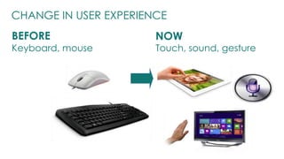 CHANGE IN USER EXPERIENCE 
BEFORE NOW 
Keyboard, mouse Touch, sound, gesture 
 