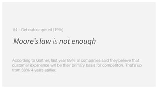 Moore’s law is not enough
#4 – Get outcompeted (19%)
According to Gartner, last year 89% of companies said they believe that
customer experience will be their primary basis for competition. That’s up
from 36% 4 years earlier.
 