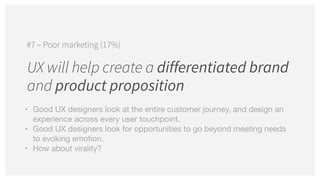 UX will help create a differentiated brand
and product proposition
#7 – Poor marketing (17%)
• Good UX designers look at the entire customer journey, and design an
experience across every user touchpoint. 

• Good UX designers look for opportunities to go beyond meeting needs
to evoking emotion.

• How about virality?
 