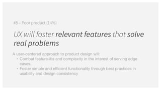 UX will foster relevant features that solve
real problems
#8 – Poor product (14%)
A user-centered approach to product design will:

• Combat feature-itis and complexity in the interest of serving edge
cases.

• Foster simple and efficient functionality through best practices in
usability and design consistency
 