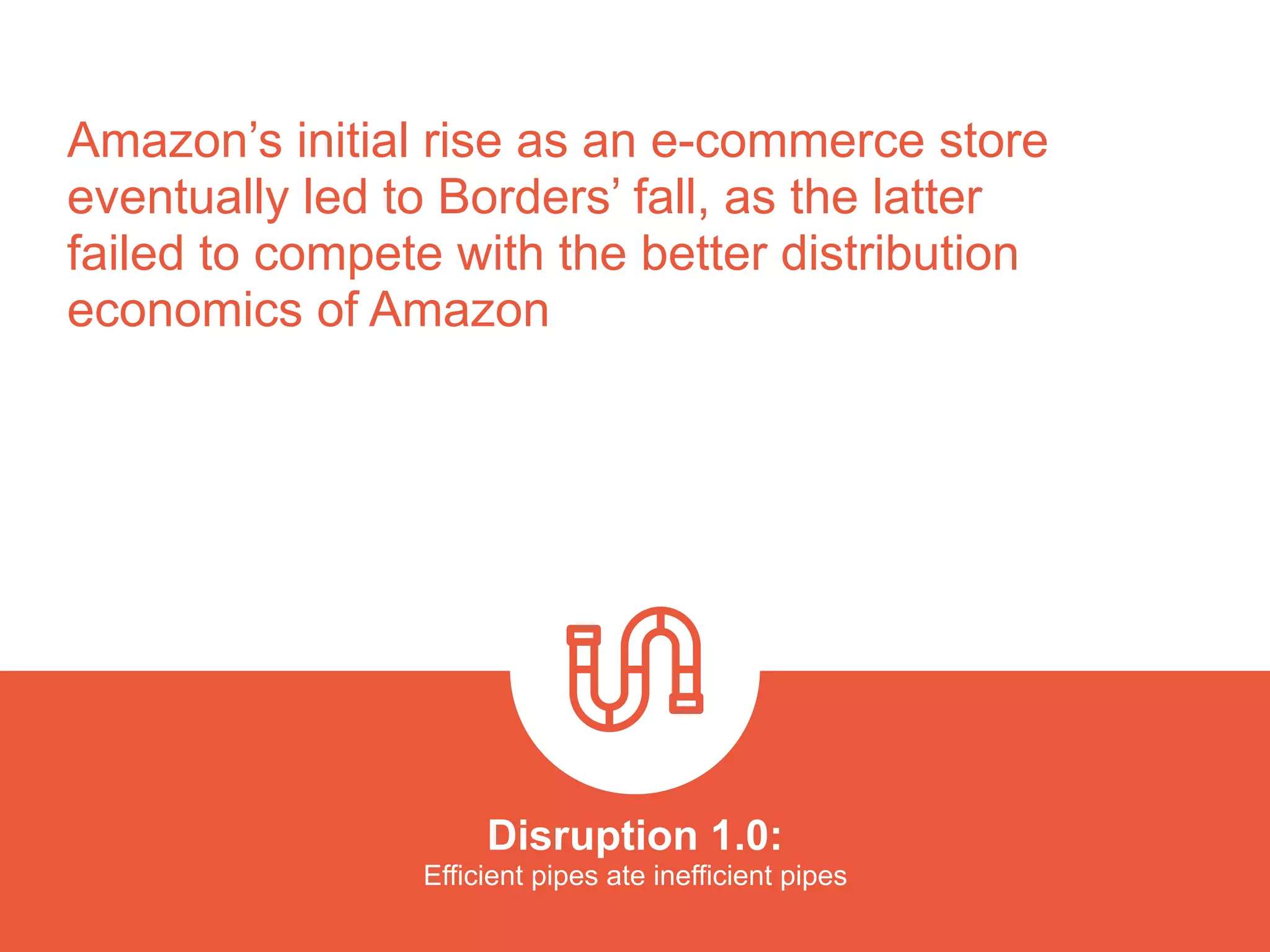 Amazon’s initial rise as an e-commerce store
eventually led to Borders’ fall, as the latter
failed to compete with the better distribution
economics of Amazon
Disruption 1.0:  
Efficient pipes ate inefficient pipes
platformrevolution.com
 
