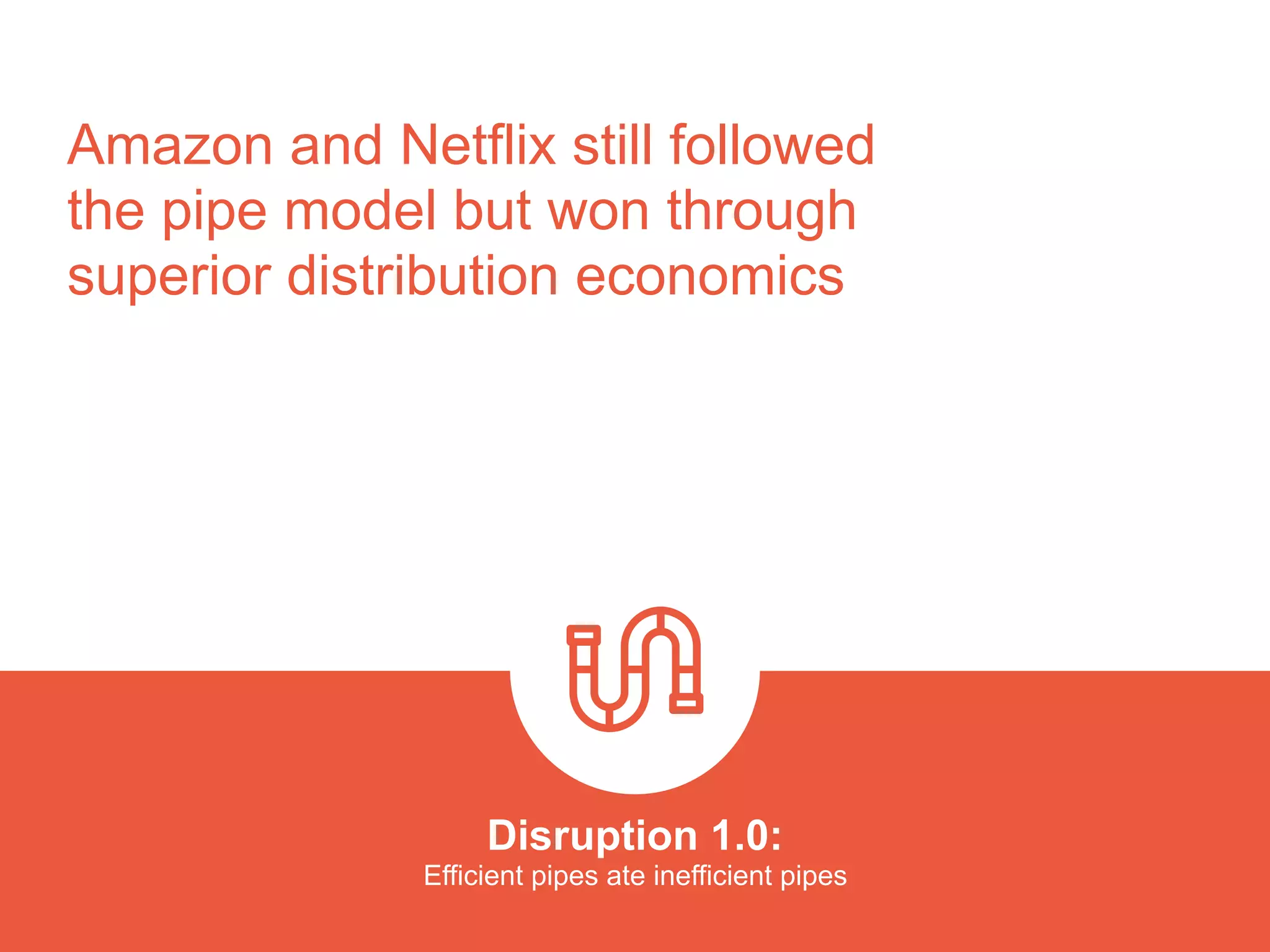 Amazon and Netflix still followed
the pipe model but won through
superior distribution economics
Disruption 1.0:  
Efficient pipes ate inefficient pipes
platformrevolution.com
 