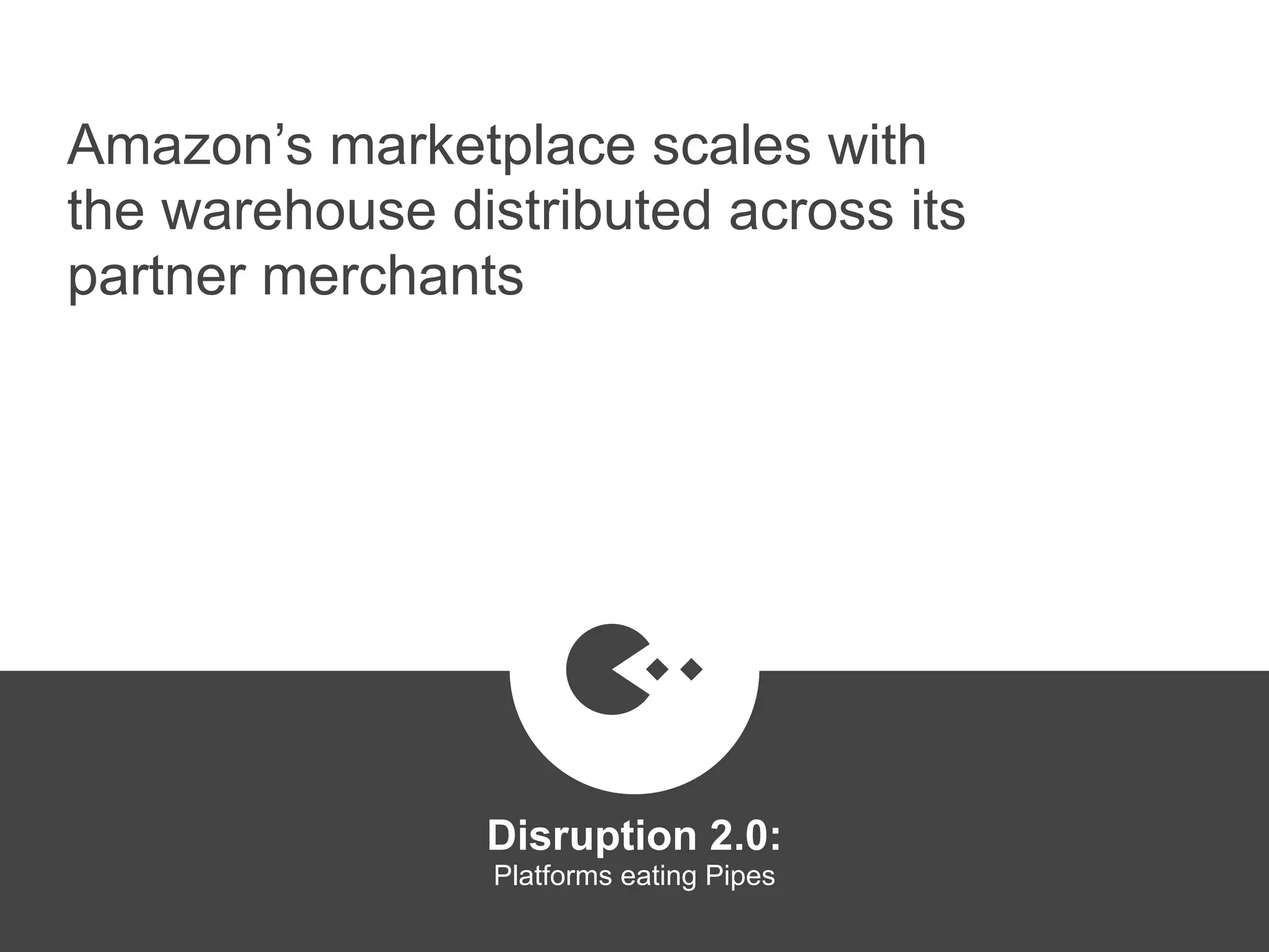 Amazon’s marketplace scales with
the warehouse distributed across its
partner merchants
Disruption 2.0:  
Platforms eating Pipes
platformrevolution.com
 