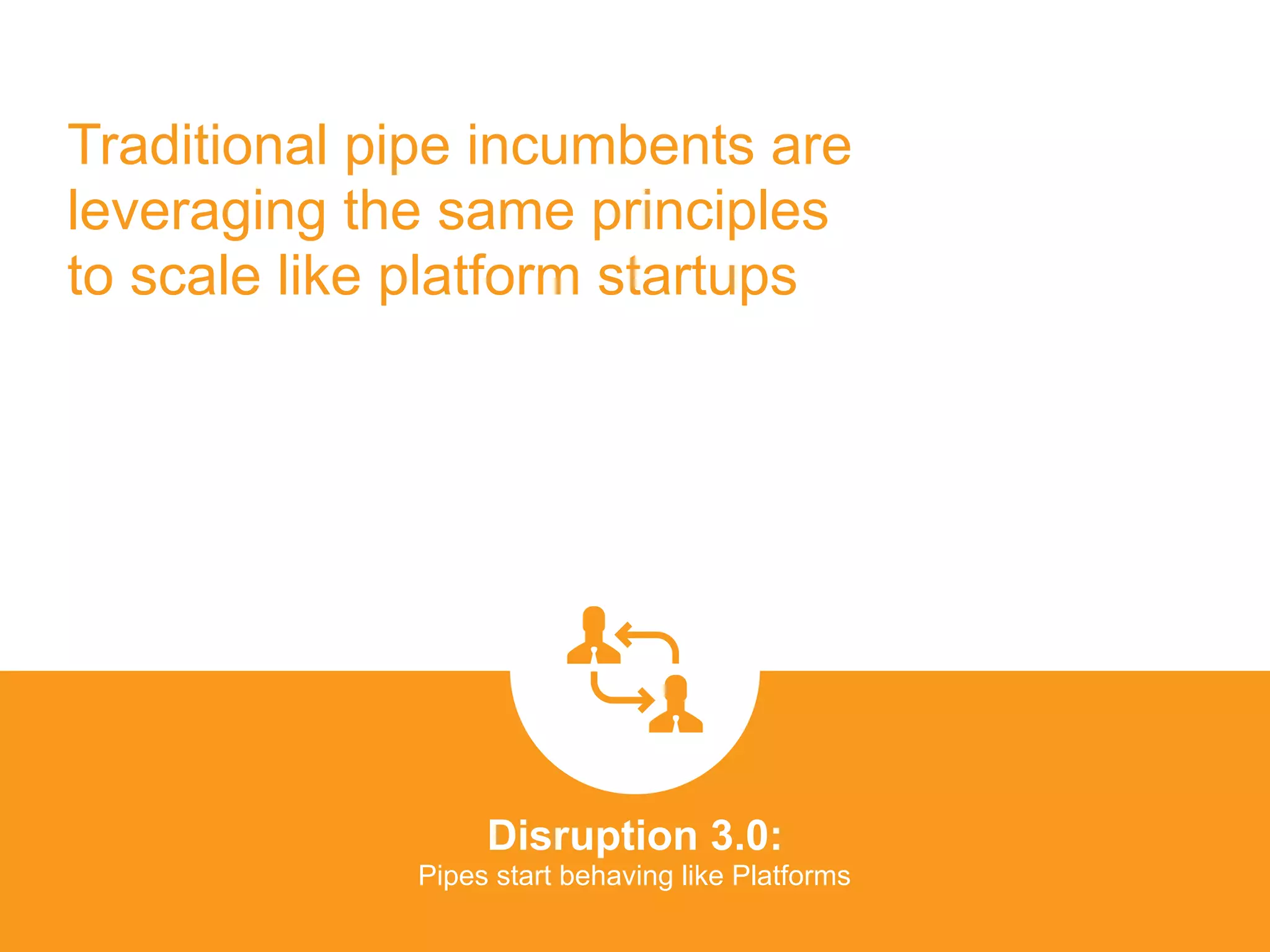 Traditional pipe incumbents are
leveraging the same principles
to scale like platform startups
Disruption 3.0:  
Pipes start behaving like Platforms
platformrevolution.com
 