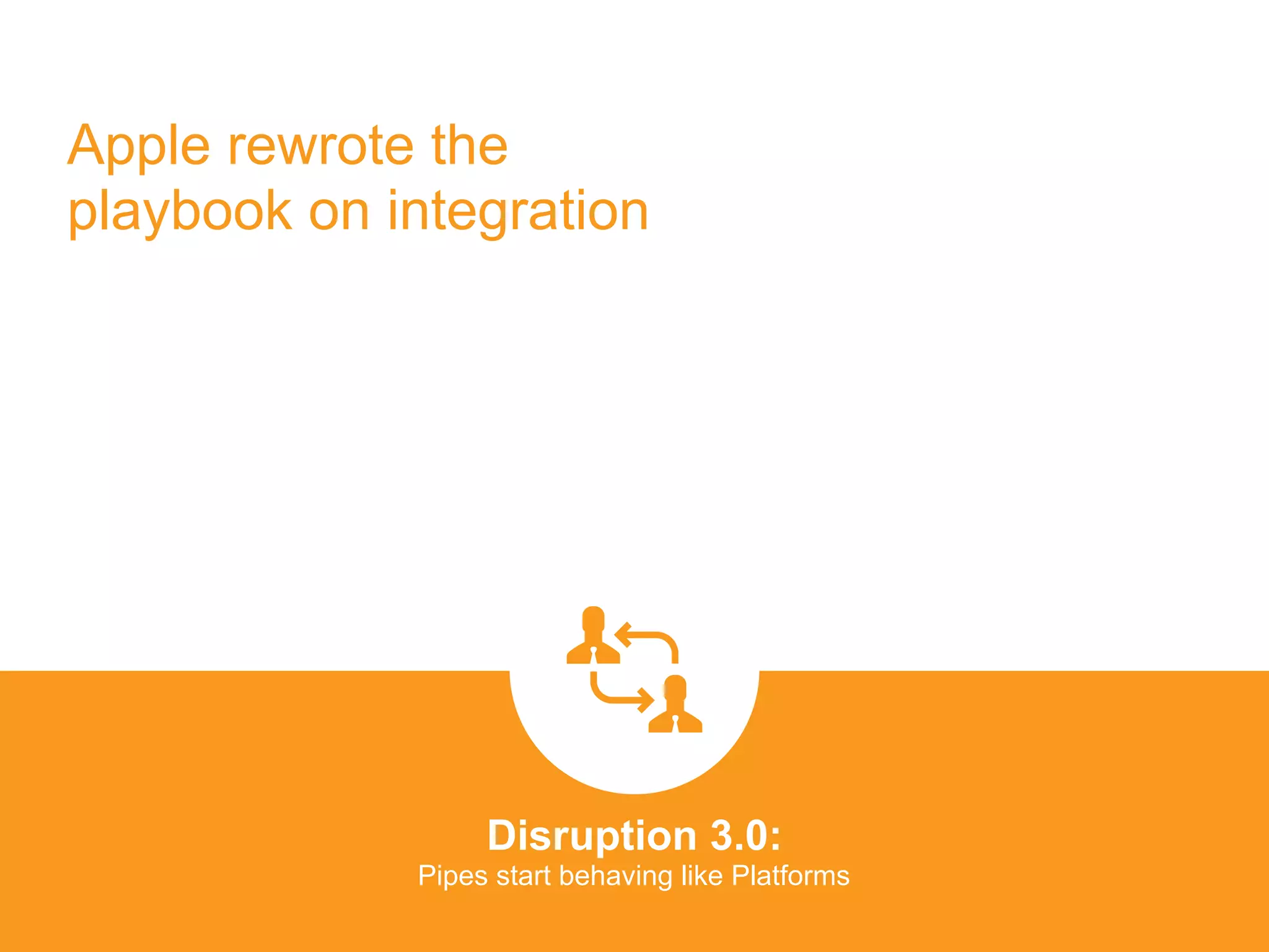 Apple rewrote the
playbook on integration
Disruption 3.0:  
Pipes start behaving like Platforms
platformrevolution.com
 