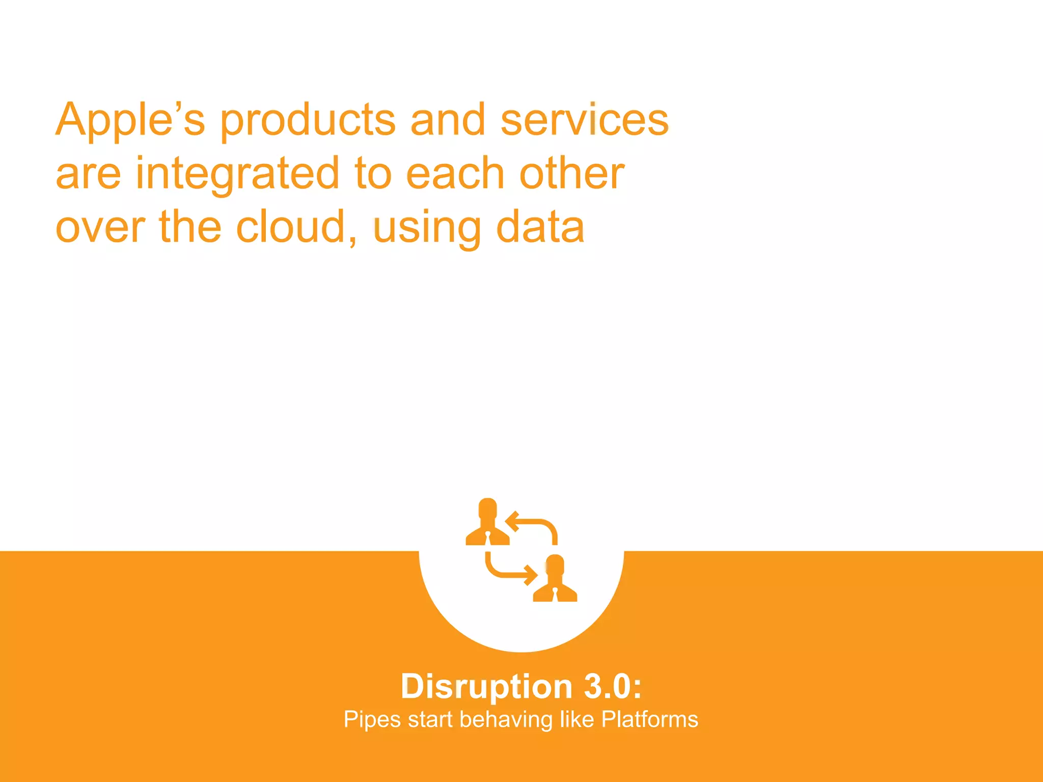 Apple’s products and services
are integrated to each other
over the cloud, using data
Disruption 3.0:  
Pipes start behaving like Platforms
platformrevolution.com
 