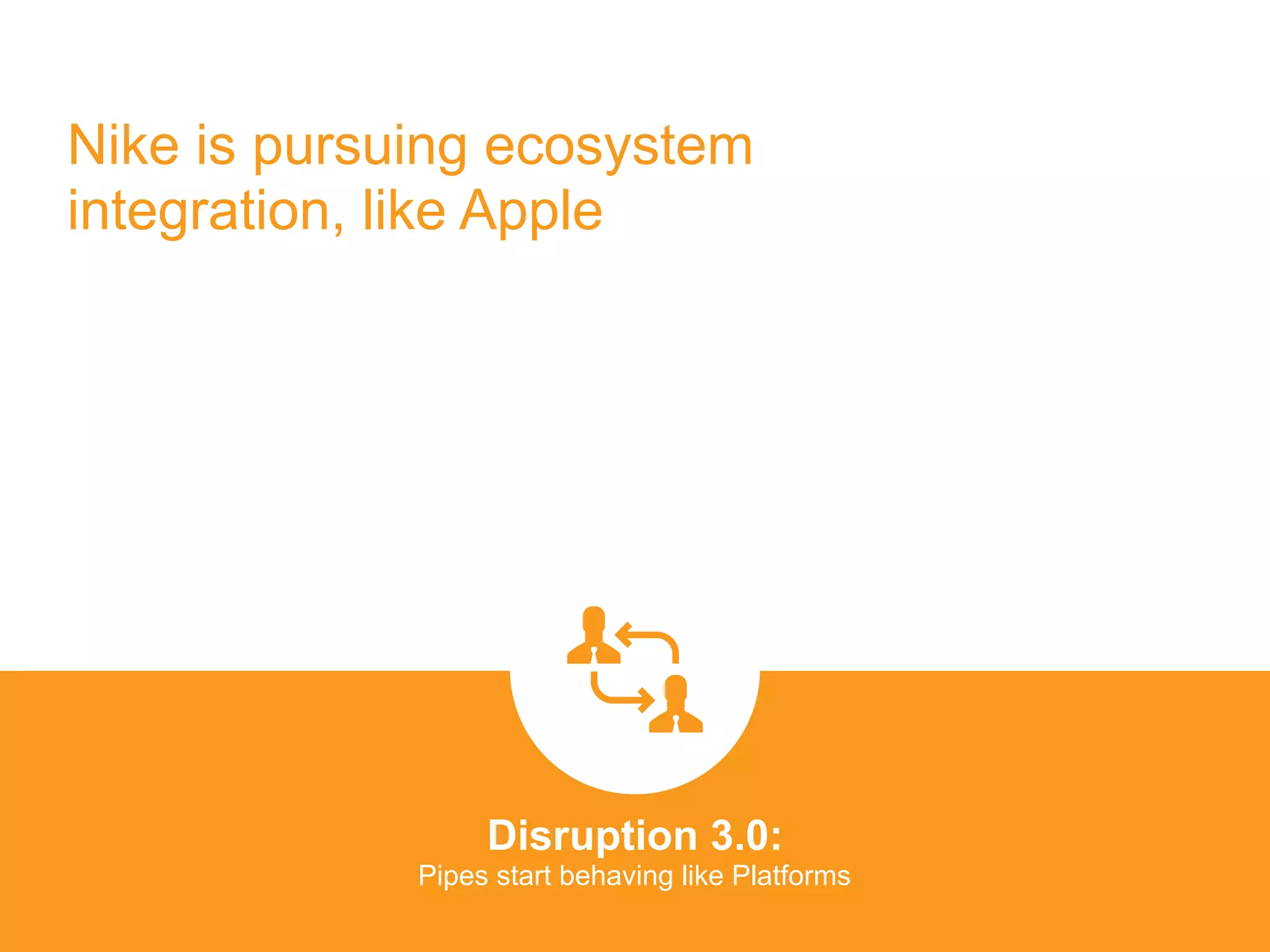 Nike is pursuing ecosystem
integration, like Apple
Disruption 3.0:  
Pipes start behaving like Platforms
platformrevolution.com
 