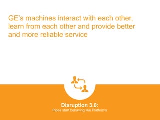 GE’s machines interact with each other,
learn from each other and provide better
and more reliable service
Disruption 3.0:  
Pipes start behaving like Platforms
platformrevolution.com
 