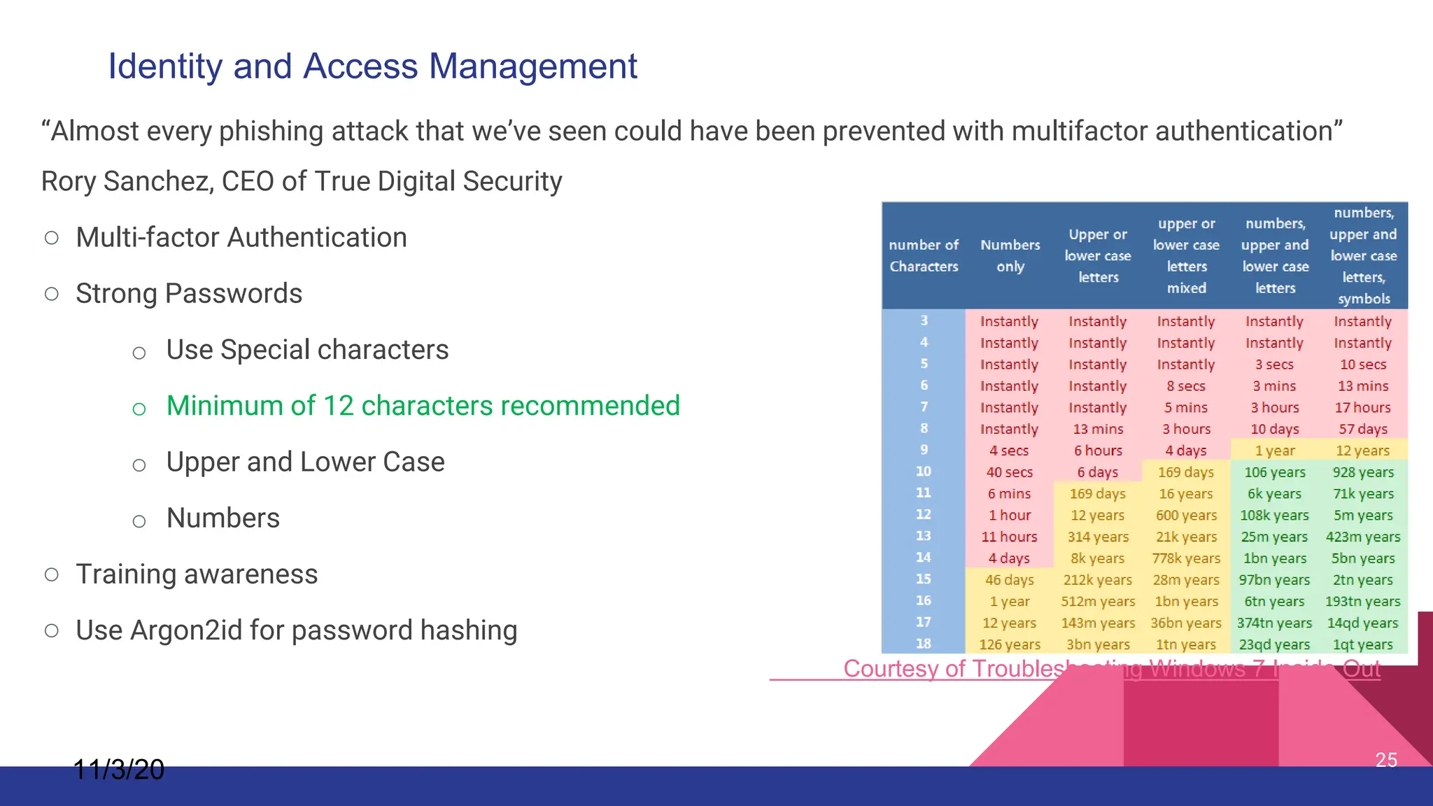 “Almost every phishing attack that we’ve seen could have been prevented with multifactor authentication”
Rory Sanchez, CEO of True Digital Security
○ Multi-factor Authentication
○ Strong Passwords
o Use Special characters
o Minimum of 12 characters recommended
o Upper and Lower Case
o Numbers
○ Training awareness
○ Use Argon2id for password hashing
11/3/20 25
Identity and Access Management
Courtesy of Troubleshooting Windows 7 Inside Out
 