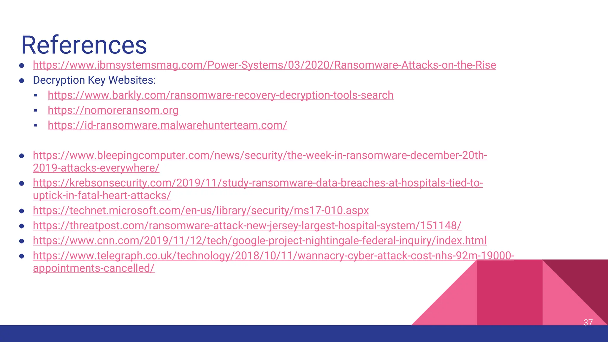 References
● https://www.ibmsystemsmag.com/Power-Systems/03/2020/Ransomware-Attacks-on-the-Rise
● Decryption Key Websites:
▪ https://www.barkly.com/ransomware-recovery-decryption-tools-search
▪ https://nomoreransom.org
▪ https://id-ransomware.malwarehunterteam.com/
● https://www.bleepingcomputer.com/news/security/the-week-in-ransomware-december-20th-
2019-attacks-everywhere/
● https://krebsonsecurity.com/2019/11/study-ransomware-data-breaches-at-hospitals-tied-to-
uptick-in-fatal-heart-attacks/
● https://technet.microsoft.com/en-us/library/security/ms17-010.aspx
● https://threatpost.com/ransomware-attack-new-jersey-largest-hospital-system/151148/
● https://www.cnn.com/2019/11/12/tech/google-project-nightingale-federal-inquiry/index.html
● https://www.telegraph.co.uk/technology/2018/10/11/wannacry-cyber-attack-cost-nhs-92m-19000-
appointments-cancelled/
37
 