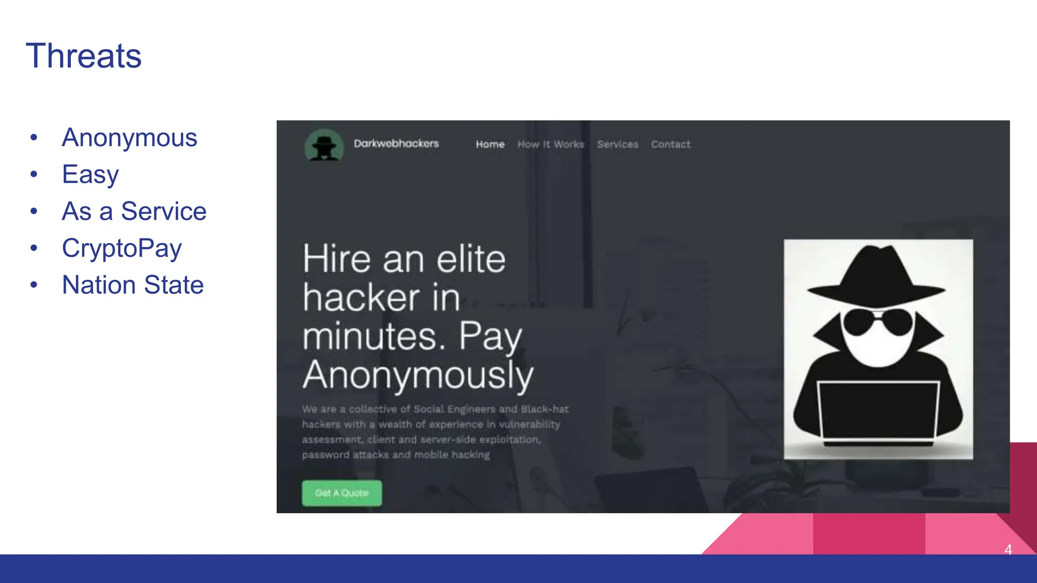 4
• Anonymous
• Easy
• As a Service
• CryptoPay
• Nation State
Threats
 
