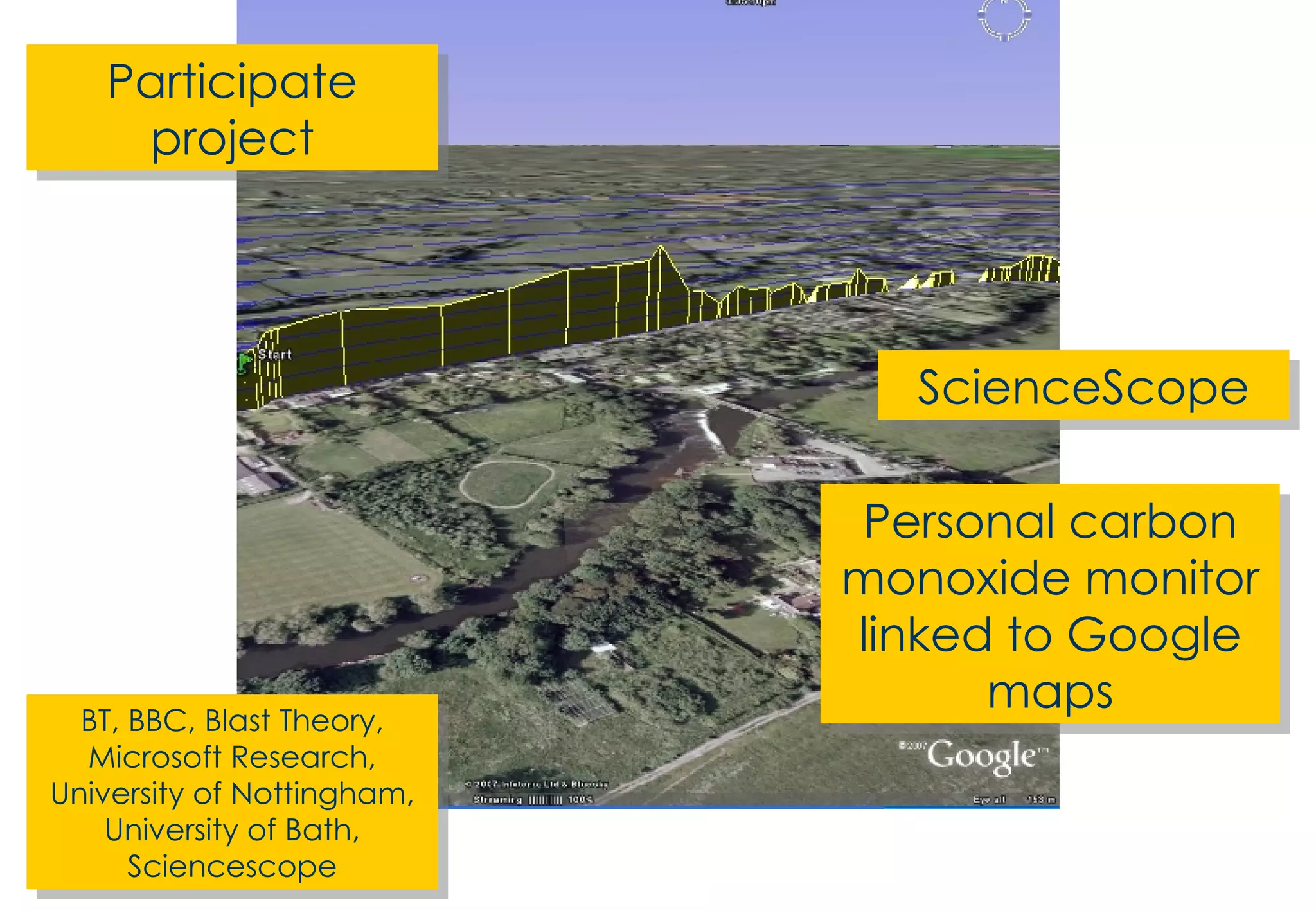 Participate project ScienceScope BT, BBC, Blast Theory, Microsoft Research, University of Nottingham, University of Bath, Sciencescope Personal carbon monoxide monitor linked to Google maps 