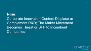 24
Nine
Corporate Innovation Centers Displace or
Complement R&D; The Maker Movement
Becomes Threat or BFF to Incumbent
Companies
 