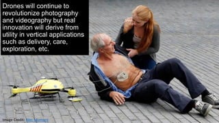 Drones will continue to
revolutionize photography
and videography but real
innovation will derive from
utility in vertical applications
such as delivery, care,
exploration, etc.
Image Credit: Alec Momont
 