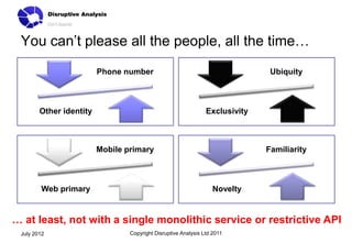 You can’t please all the people, all the time…
                         Phone number                                          Ubiquity



        Other identity                                          Exclusivity



                         Mobile primary                                       Familiarity



        Web primary                                                Novelty


… at least, not with a single monolithic service or restrictive API
 July 2012                       Copyright Disruptive Analysis Ltd 2011
 