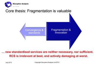 Core thesis: Fragmentation is valuable



                Convergence &                   Fragmentation &
                  standards                        innovation




… new standardised services are neither necessary, nor sufficient.
    RCS is irrelevant at best, and actively damaging at worst.

  July 2012            Copyright Disruptive Analysis Ltd 2012
 