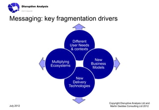 Messaging: key fragmentation drivers


                         Different
                        User Needs
                        & contexts

                                         New
              Multiplying
                                       Business
             Ecosystems
                                        Models

                            New
                          Delivery
                        Technologies



                                                  Copyright Disruptive Analysis Ltd and
July 2012                                          Martin Geddes Consulting Ltd 2012
 
