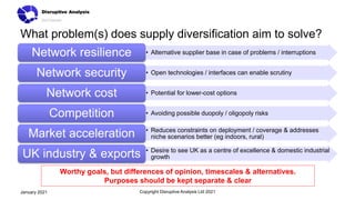 What problem(s) does supply diversification aim to solve?
• Alternative supplier base in case of problems / interruptions
Network resilience
• Open technologies / interfaces can enable scrutiny
Network security
• Potential for lower-cost options
Network cost
• Avoiding possible duopoly / oligopoly risks
Competition
• Reduces constraints on deployment / coverage & addresses
niche scenarios better (eg indoors, rural)
Market acceleration
• Desire to see UK as a centre of excellence & domestic industrial
growth
UK industry & exports
Copyright Disruptive Analysis Ltd 2021
January 2021
Worthy goals, but differences of opinion, timescales & alternatives.
Purposes should be kept separate & clear
 