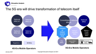 The 5G era will drive transformation of telecom itself
Copyright Disruptive Analysis Ltd 2021
January 2021
National
MNO #1
National
MNO #3
National
MNO #4
TowerCo’s MVNOs
Consolidated national
MNOs
National
MNO #1
City
MNO
Hybrid MNO /
MVNO
Vertical /
industrial
MNO
Transport
MNO
Military /
Public
Safety
MNO
National
MNO
Campus
or
indoor
neutral
host
4G-Era Mobile Operators 5G-Era Mobile Operators
 