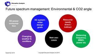 Future spectrum management: Environmental & CO2 angle
Copyright Disruptive Analysis Ltd 2019September 2019
6G system-
wider
design
goals
5G power
consump-
tion
Changing
weather &
mmWave
New use-
cases
Resource
needs
direct /
indirect
Balancing
frequency,
MIMO,
power etc
 