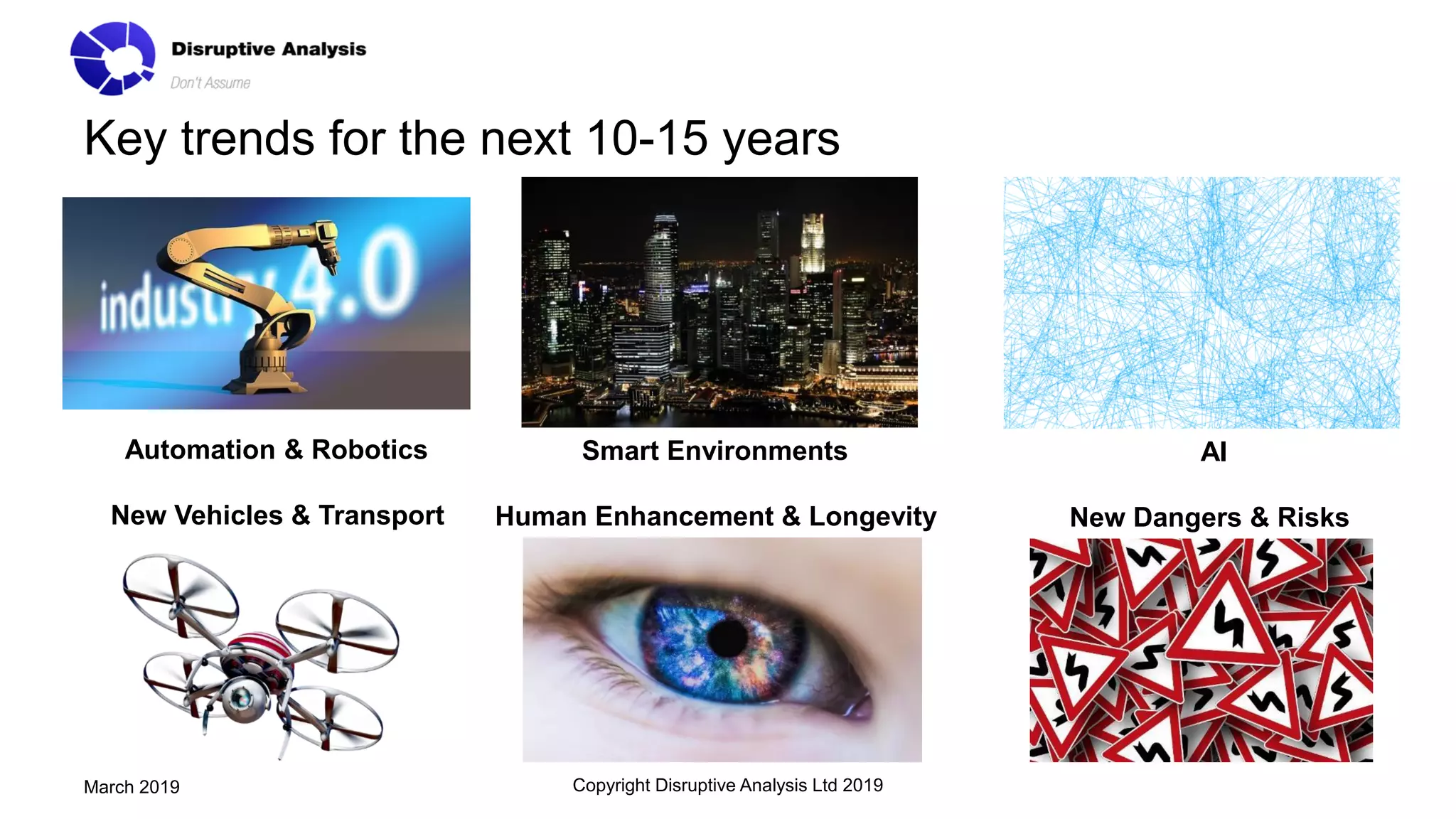 Key trends for the next 10-15 years
Copyright Disruptive Analysis Ltd 2019March 2019
Automation & Robotics Smart Environments AI
New Vehicles & Transport Human Enhancement & Longevity New Dangers & Risks
 