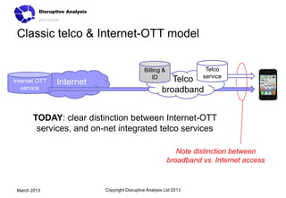 Classic telco & Internet-OTT model

                                             Billing &              Telco
                                                 ID                service
Internet OTT   Internet                                  Telco
   service                                            broadband


       TODAY: clear distinction between Internet-OTT
        services, and on-net integrated telco services

                                                            Note distinction between
                                                         broadband vs. Internet access



 March 2013               Copyright Disruptive Analysis Ltd 2013
 
