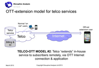 OTT-extension model for telco services

             Normal “on
             net” users
                                                                        Off-net
 Telco                                                              extension user
service
             Telco                                Internet
Billing &
    ID

             TELCO-OTT MODEL #2: Telco “extends” in-house
              service to subscribers remotely, via OTT Internet
                          connection & application

March 2013                 Copyright Disruptive Analysis Ltd 2013
 