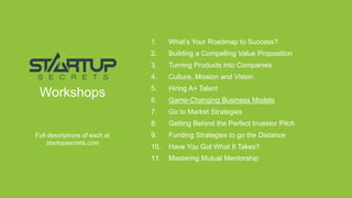 Proprietary and ConfidentialProprietary and Confidentialstartupsecrets.comGame-Changing Business Models
Workshops
Full descriptions of each at
startupsecrets.com
1. What’s Your Roadmap to Success?
2. Building a Compelling Value Proposition
3. Turning Products into Companies
4. Culture, Mission and Vision
5. Hiring A+ Talent
6. Game-Changing Business Models
7. Go to Market Strategies
8. Getting Behind the Perfect Investor Pitch
9. Funding Strategies to go the Distance
10. Have You Got What It Takes?
11. Mastering Mutual Mentorship
 