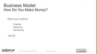 Proprietary and ConfidentialProprietary and Confidentialstartupsecrets.comGame-Changing Business Models
What is your model for:
• Creating
• Delivering
• Harnessing
VALUE?
5
5
Business Model:
How Do You Make Money?
 