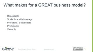 Proprietary and ConfidentialProprietary and Confidentialstartupsecrets.comGame-Changing Business Models
 Repeatable
 Scalable – with leverage
 Profitable / Sustainable
 Predictable
 Valuable
65
What makes for a GREAT business model?
 