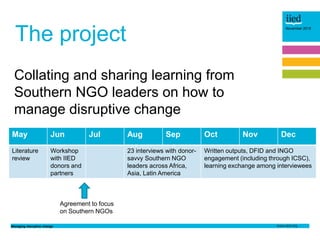 Managing disruptive change
November 2015
The project
Collating and sharing learning from
Southern NGO leaders on how to
ma...