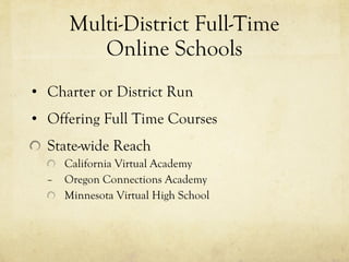 Multi-District Full-Time Online Schools Charter or District Run Offering Full Time Courses State-wide Reach California Virtual Academy Oregon Connections Academy Minnesota Virtual High School 