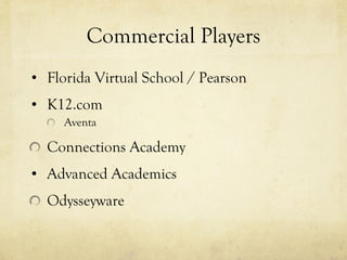Commercial Players Florida Virtual School / Pearson K12.com Aventa Connections Academy Advanced Academics Odysseyware 