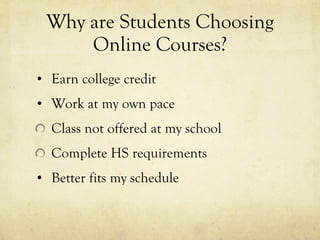 Why are Students Choosing Online Courses? Earn college credit Work at my own pace Class not offered at my school Complete HS requirements Better fits my schedule 